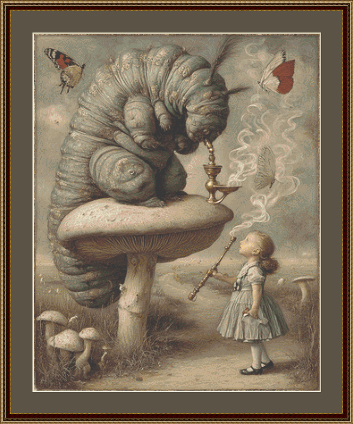 Alice and Caterpillar counted cross stitch pattern by Bryna T. Art and Design