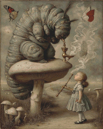Alice and Caterpillar counted cross stitch pattern by Bryna T. Art and Design