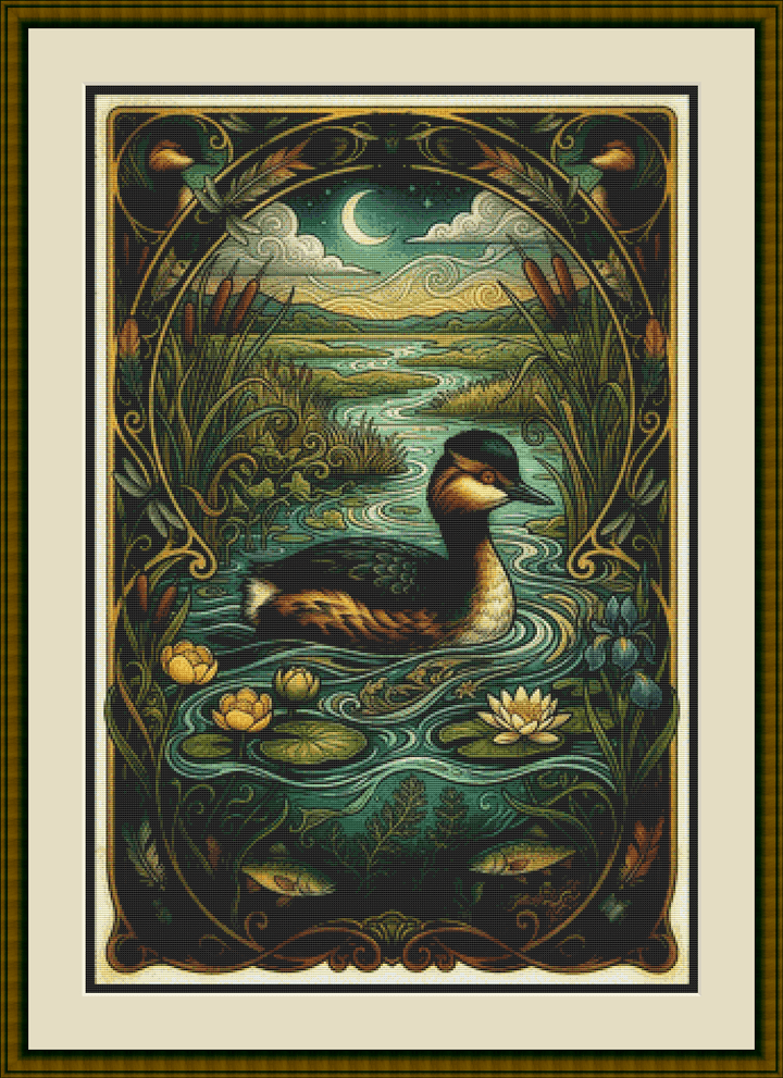 "Eared Grebe" cross stitch pattern by T. Langan