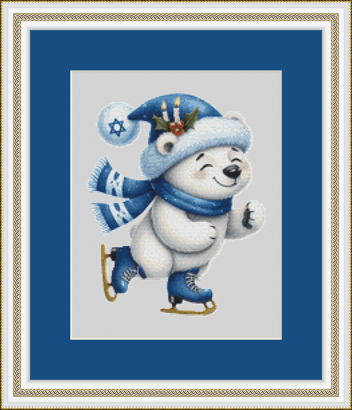 Hanukkah Polar Bear Ice Skating counted cross stitch pattern by Taylor Haines Designs