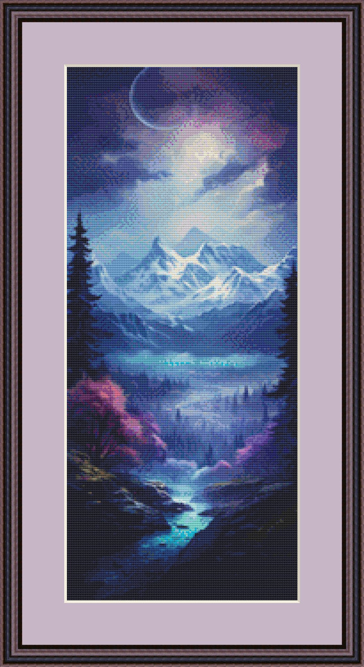 Moonlit Mountain Forest cross stitch pattern (Adobe Ext. License)