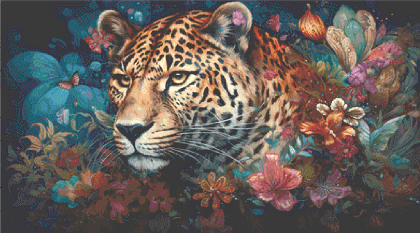Leopard in Flowers ©Adobe Ext. License cross stitch pattern by StitchesSewBeautiful