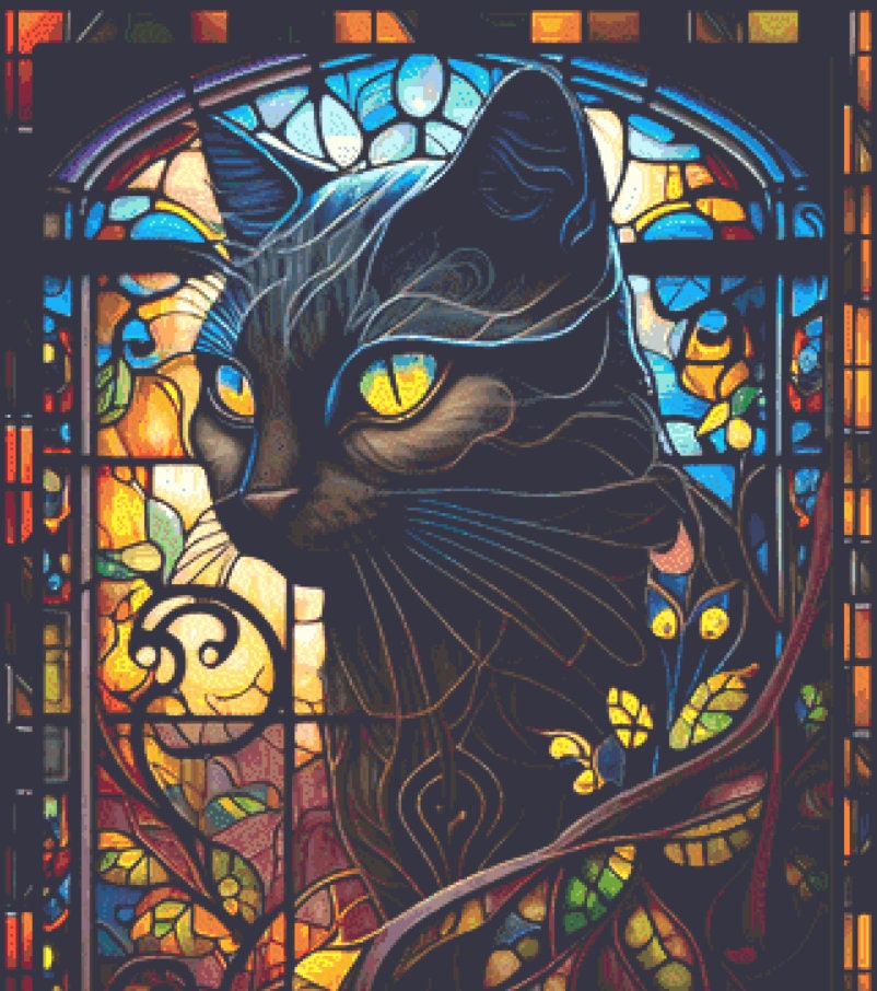 Black Cat Stained Glass 3 cross stitch pattern by IvyCottageHome