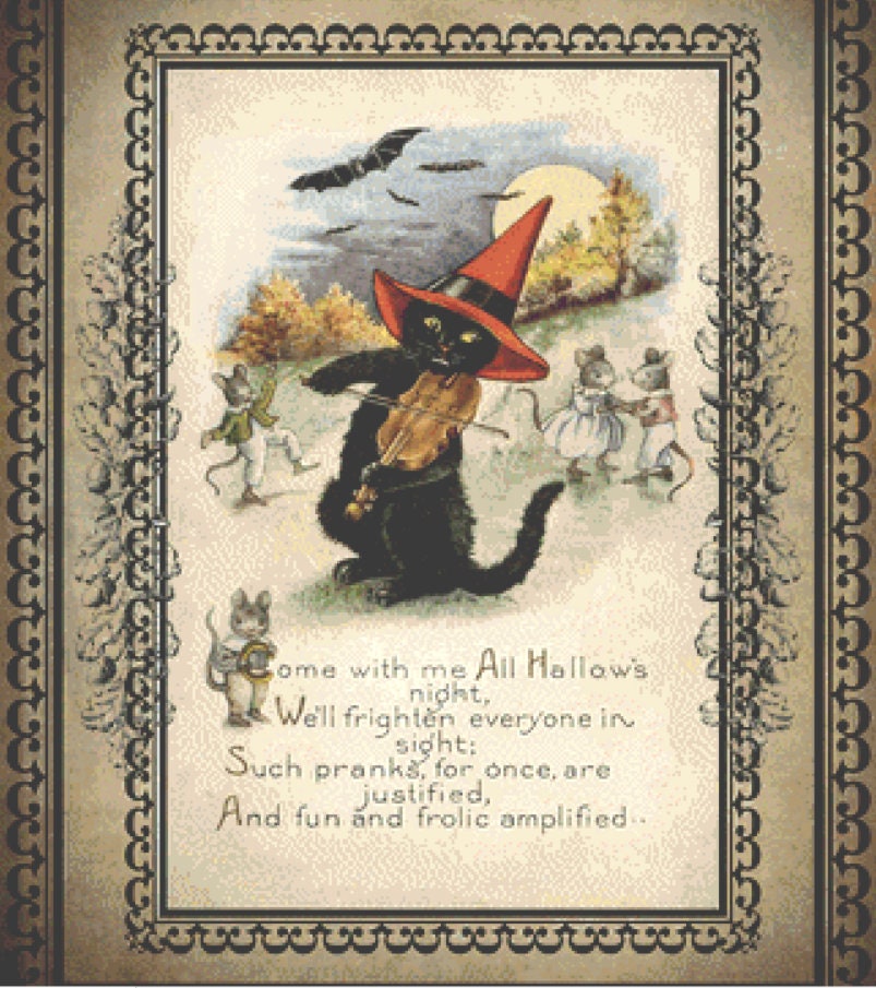 Vintage Cat with Fiddle cross stitch pattern by IvyCottageHome
