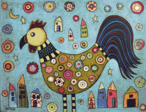 Rooster Collage On Blue cross stitch pattern by Karla Gerard