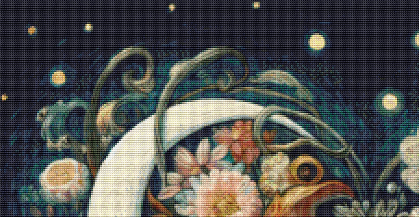 Midnight Blossom Dreamscape (Max Colors) cross stitch pattern by World of Love Hearts/Adrian G. Eyre