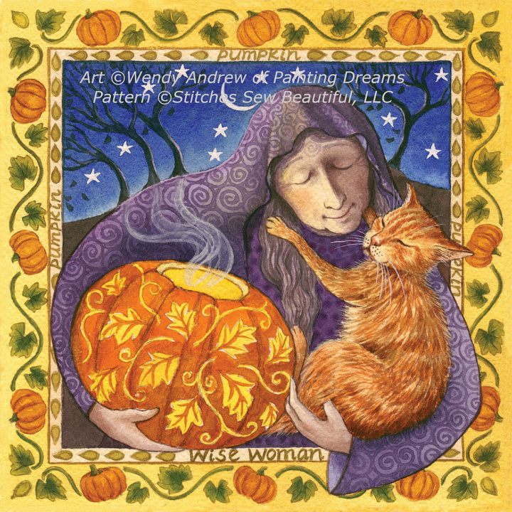Pumpkin Wise Woman cross stitch pattern by Wendy Andrew of Painting Dreams