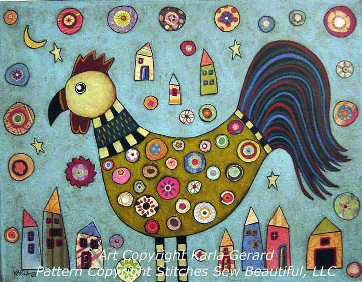 Rooster Collage On Blue cross stitch pattern by Karla Gerard