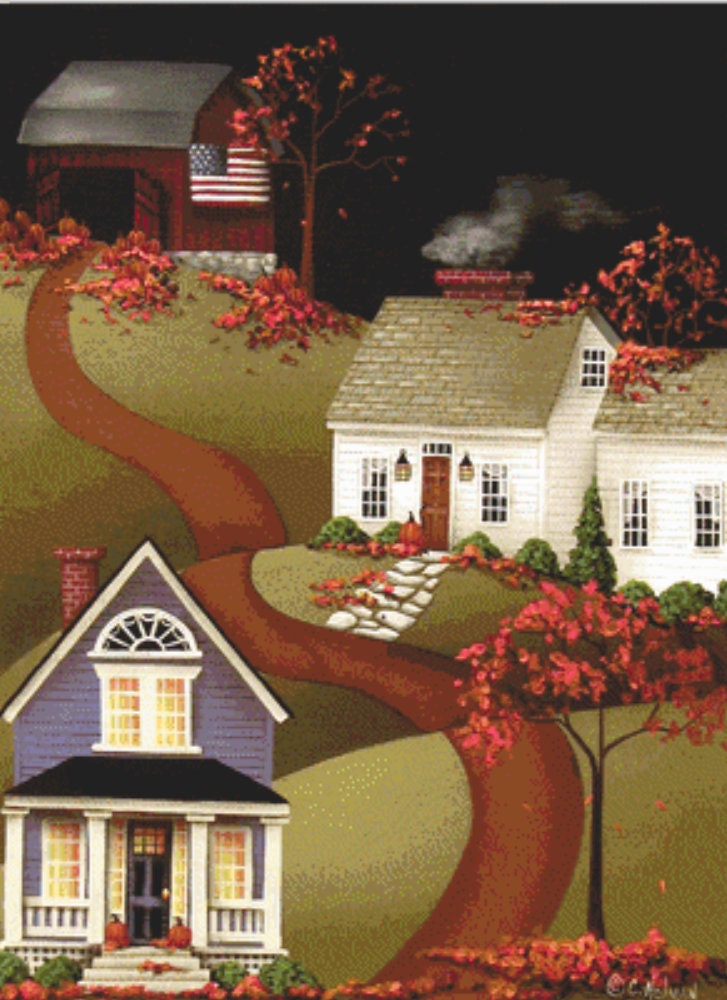 Pumpkin Harvest Time in Mapleton cross stitch pattern by Catherine Holman/Ansada Licensing Group, LLC