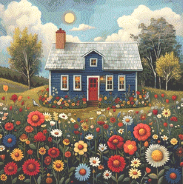 Blue House and Flowers (Small) cross stitch pattern by Eder Jose Rosa
