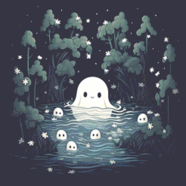 Cute Ghost in a Pond (Small) cross stitch pattern by Serr.Kai A Quill & Ink