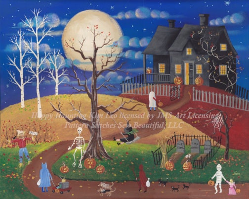 Happy Hauntings (Max Colors) cross stitch pattern by Kim Leo licensed by JMS Art Licensing