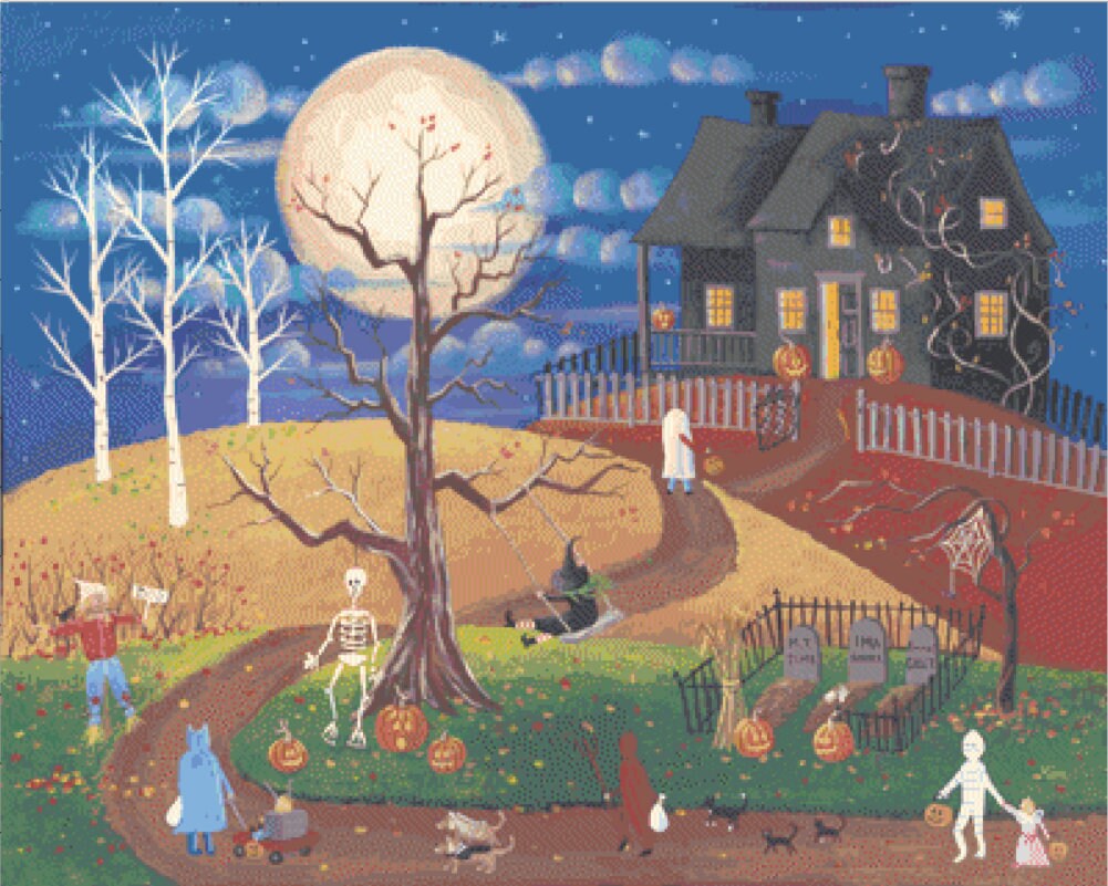 Happy Hauntings cross stitch pattern by Kim Leo licensed by JMS Art Licensing