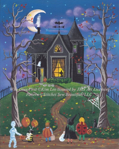 Who Goes First cross stitch pattern by Kim Leo licensed by JMS Art Licensing