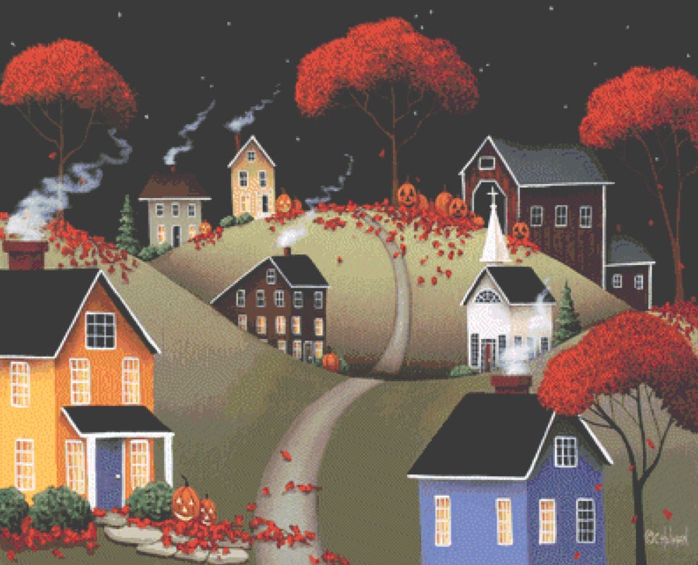 Wickford Village Halloween cross stitch pattern by Catherine Holman/Ansada Art Licensing Group, LLC
