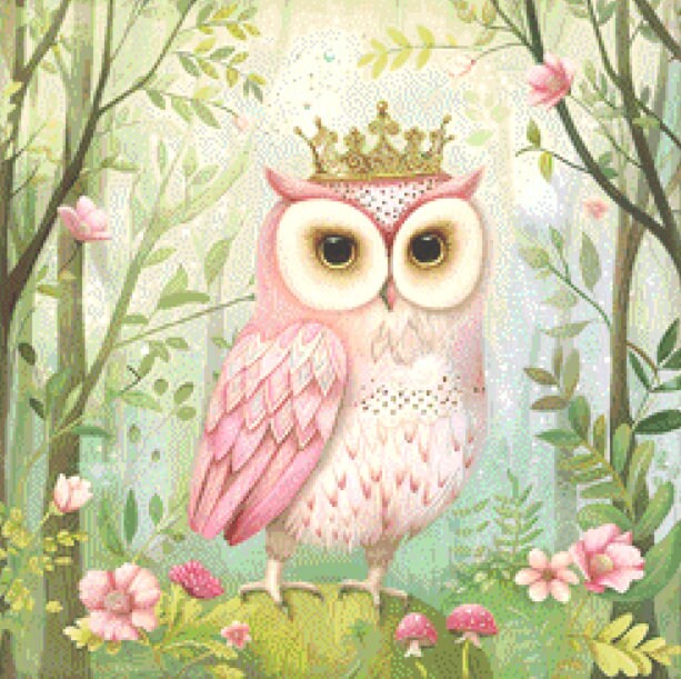 Pink Crowned Owl (Small) cross stitch pattern by PassyArt