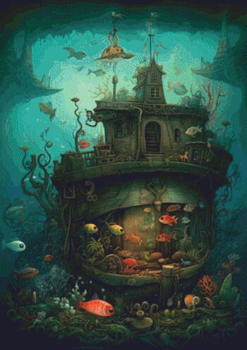 Underwater House Boat cross stitch pattern by LikeInkDrops