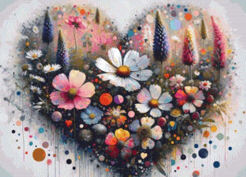 Abstract Heart-Shaped Floral Explosion cross stitch pattern by World of Love Hearts/Adrian G. Eyre