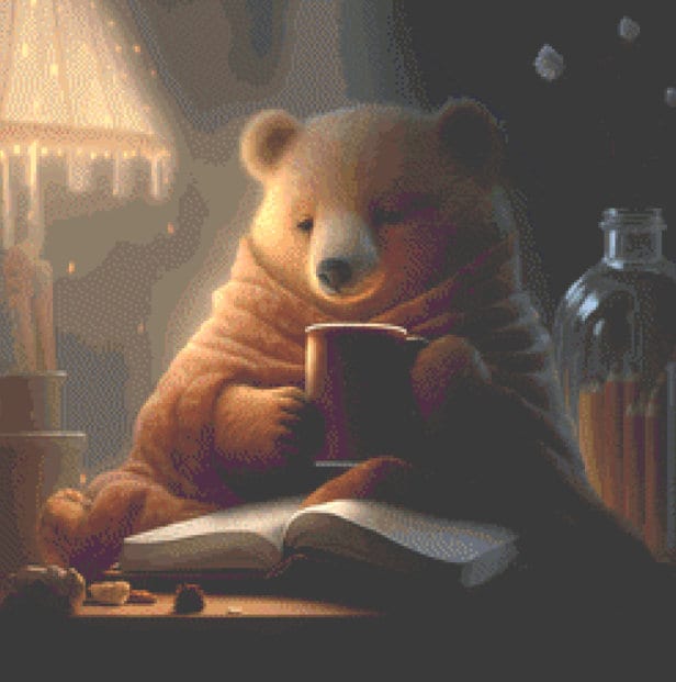 Comfy Bear with Coffee and Book (Small) cross stitch pattern by Serr.Kai A Quill & Ink