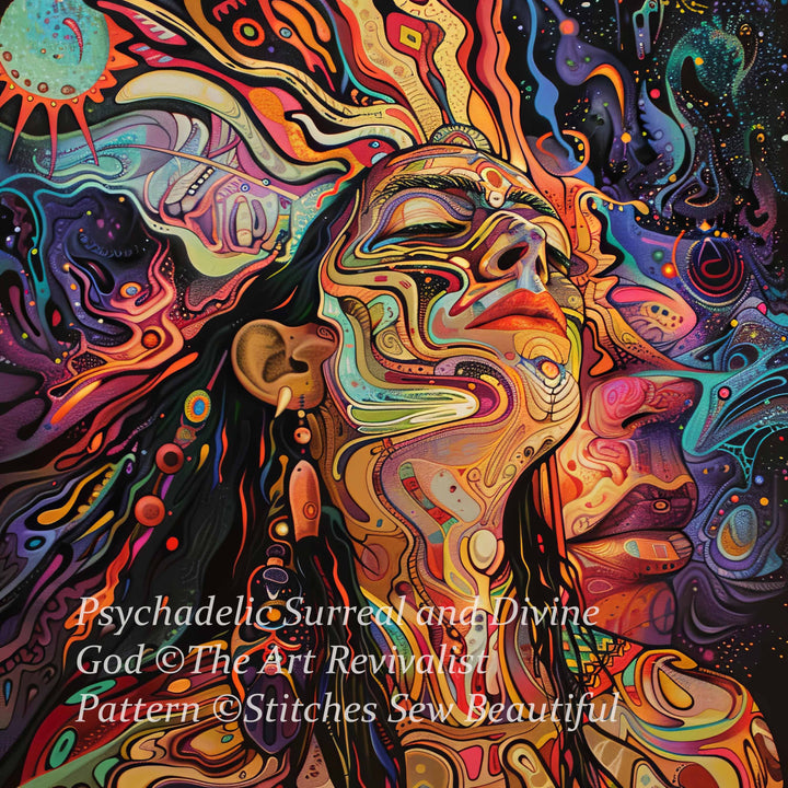 Psycahdelic Surreal and Divine God cross stitch pattern by The Art Revivalist