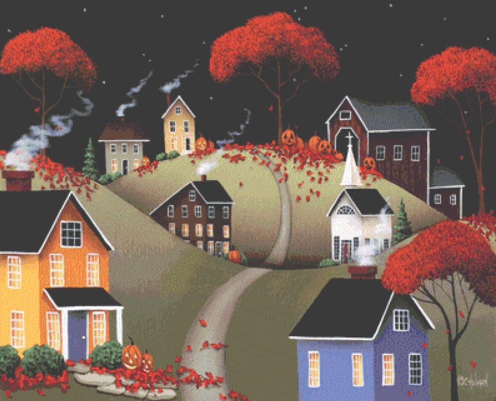 Wickford Village Halloween (Max Color) cross stitch pattern by Catherine Holman/Ansada Art Licensing Group, LLC