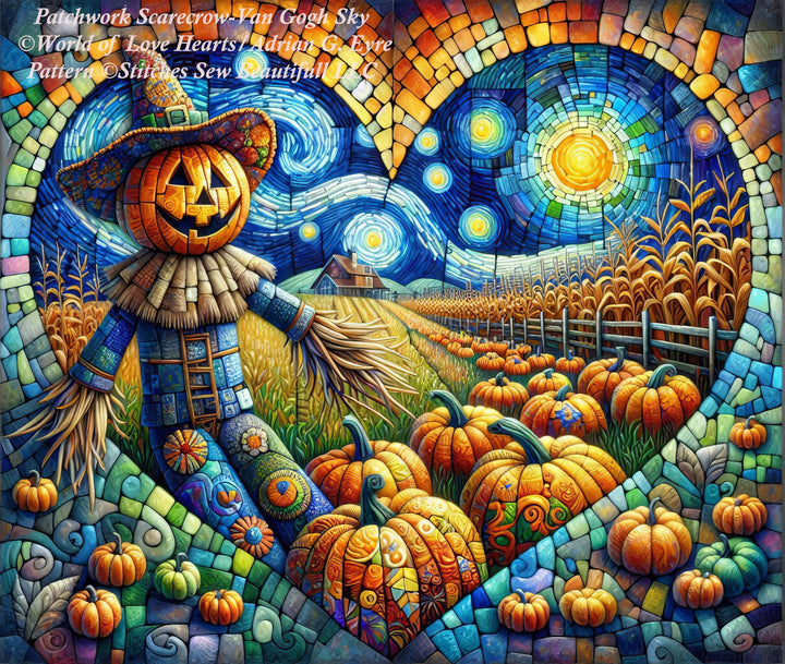 Patchwork Scarecrow-Van Gogh Sky cross stitch pattern by World of Love Hearts/Adrian G. Eyre