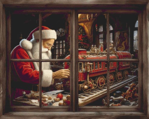 Santa in the Window with Train cross stitch pattern by IvyCottageHome