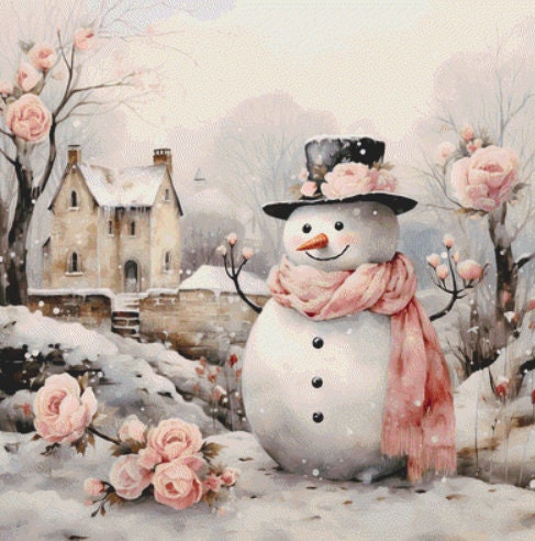 Snowman with Pink Roses cross stitch pattern by Liededrom
