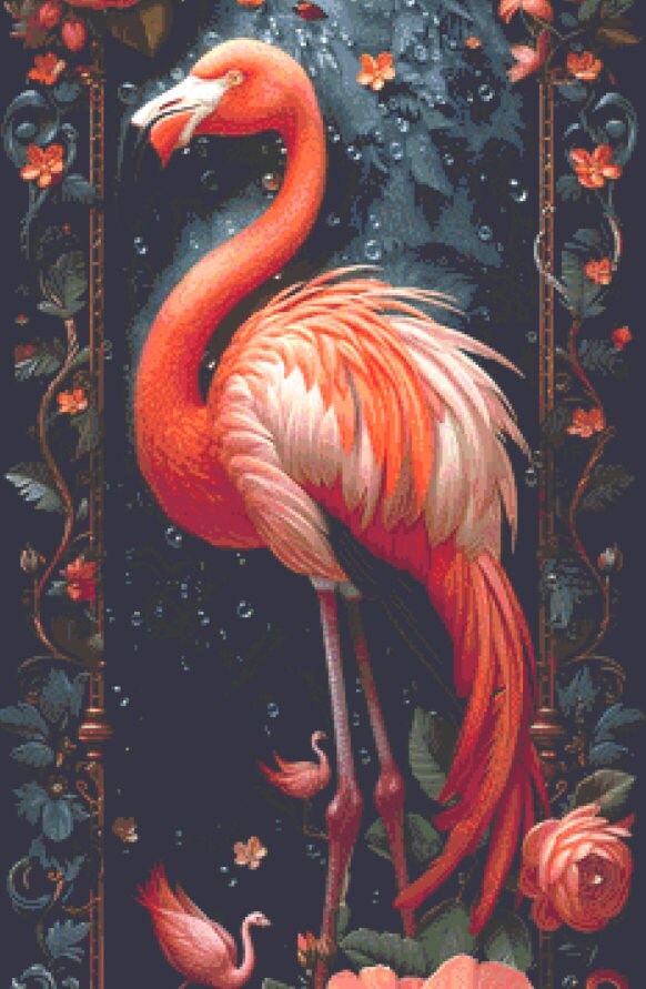 Flamingo in Flowers (Max Size) cross stitch pattern by Eder Jose Rosa