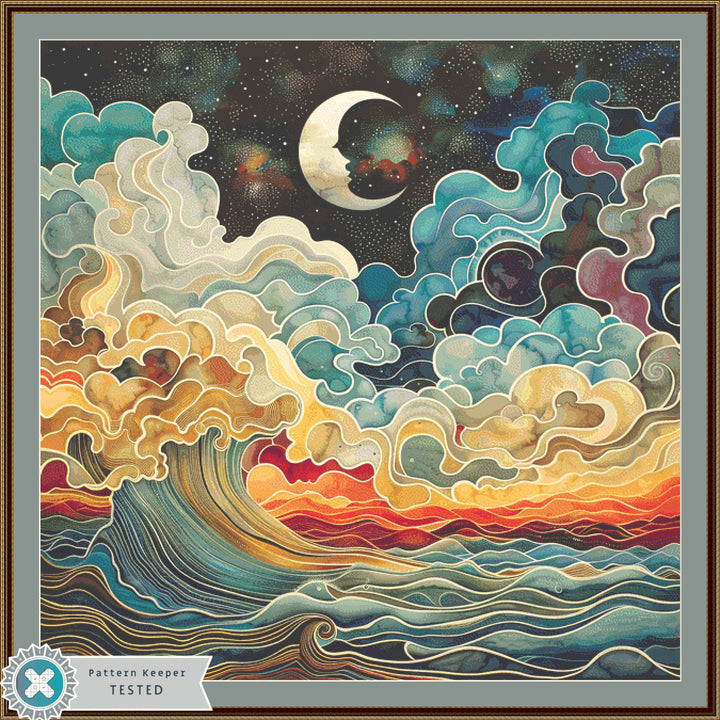 Colorful Waves Under the Crescent Moon (Max Size/Color) cross stitch pattern by The Art Revivalist