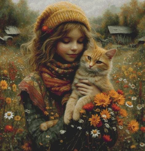 The Girl and the Loving Cat counted cross stitch pattern by Eder Jose Rosa