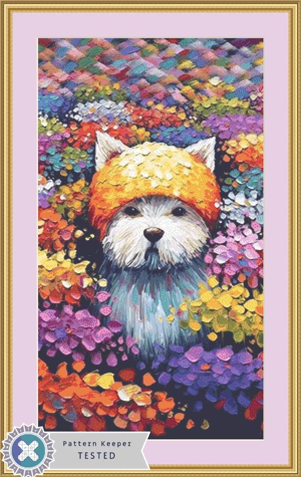Dog in a Field of Flowers counted cross stitch pattern by Eder Jose Rosa