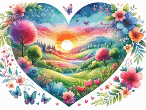 A Love Filled Landscape of Blossoms and Butterflies at Sunrise (Max Color) cross stitch pattern by World of Love Hearts