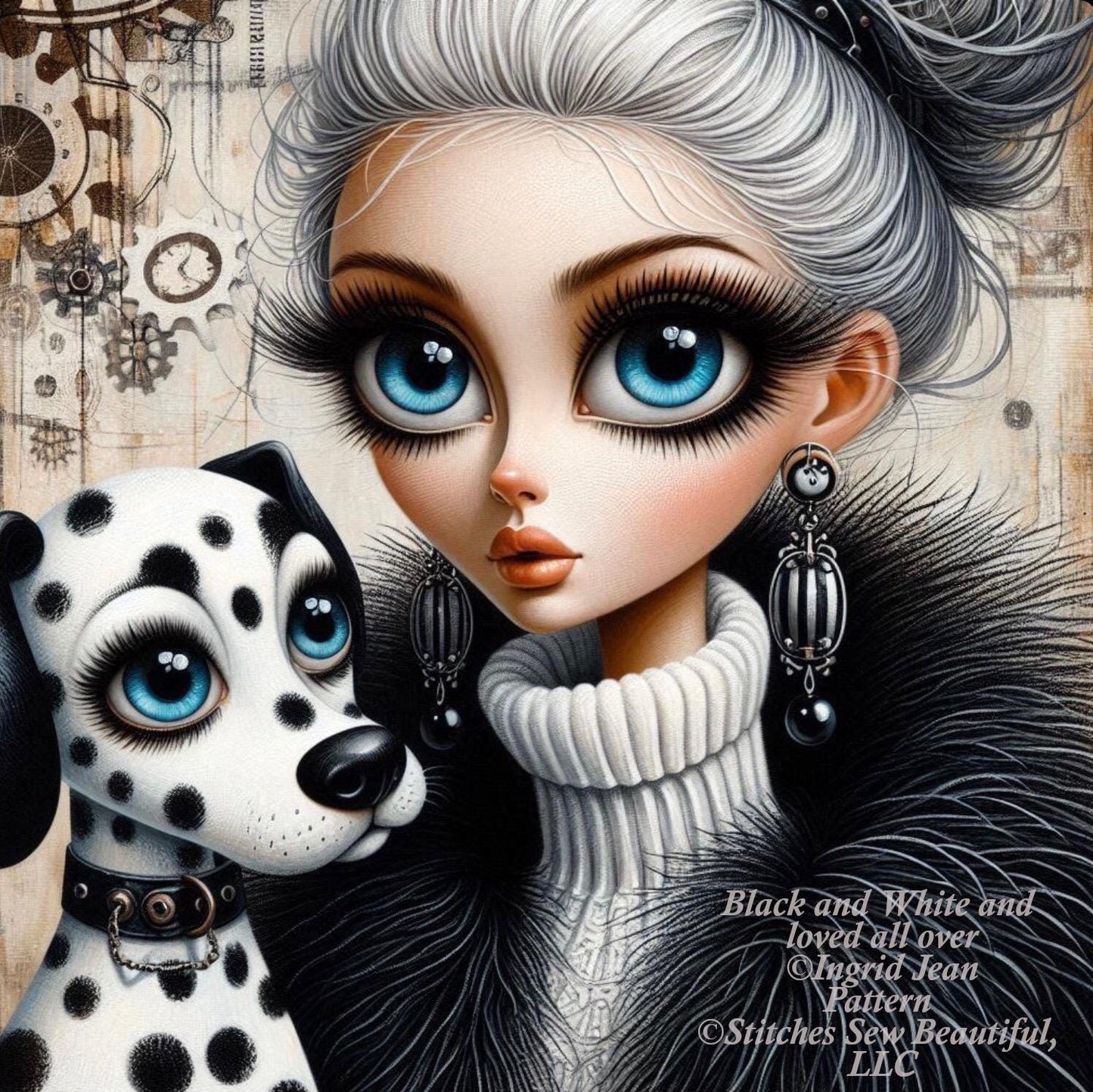 Black and White and loved all over counted cross stitch pattern by Ingrid Jean AI Art