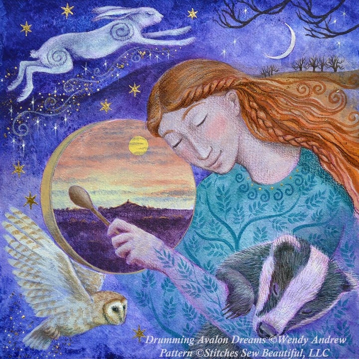 Drumming Avalon Dreams cross stitch pattern by Wendy Andrew of PaintingDreams