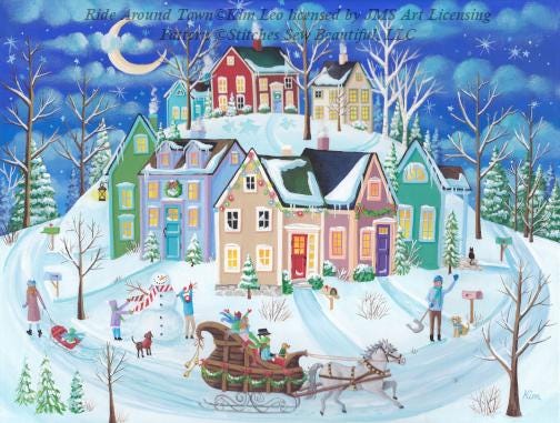 Ride Around Town cross stitch pattern by Kim Leo licensed by JMS Art Licensing