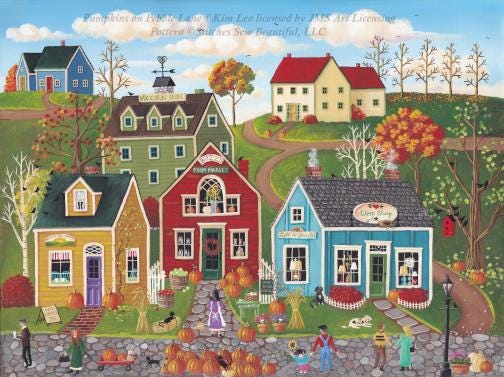 Pumpkins on Pebble Lane cross stitch pattern by Kim Leo licensed by JMS Art Licensing