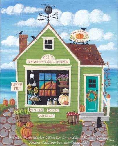 Pumpkin Patch Market cross stitch pattern by Kim Leo licensed by JMS Art Licensing