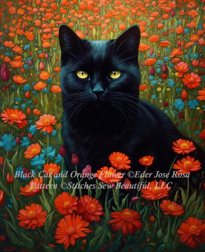 Black Cat and Orange Flowers cross stitch pattern by Eder Jose Rosa