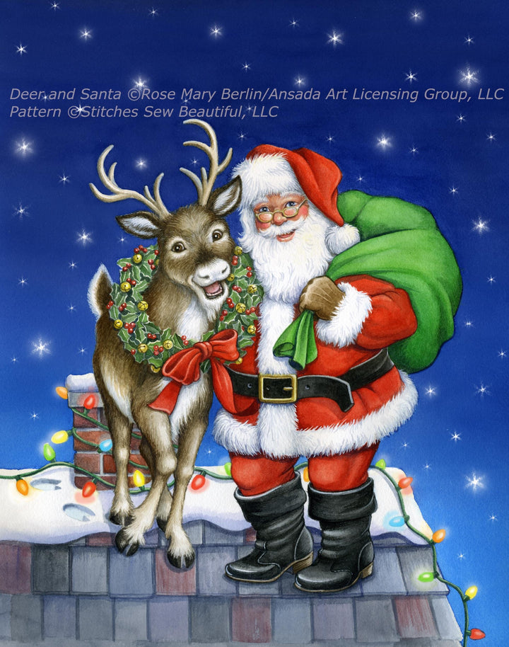 Deer and Santa cross stitch pattern by Rose Mary Berlin/Ansada Art Licensing Group, LLC