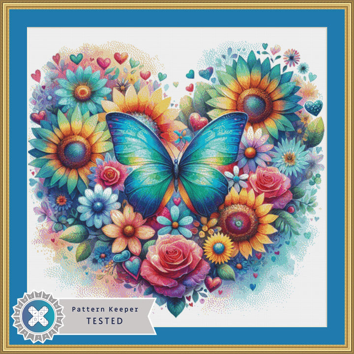 Resplendent Butterfly in a Field of Flowers counted cross stitch pattern by World of Love Hearts/Adrian G. Eyre