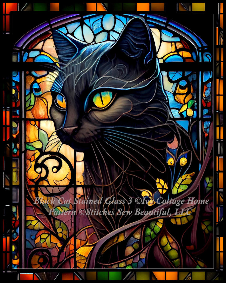 Black Cat Stained Glass 3 cross stitch pattern by IvyCottageHome