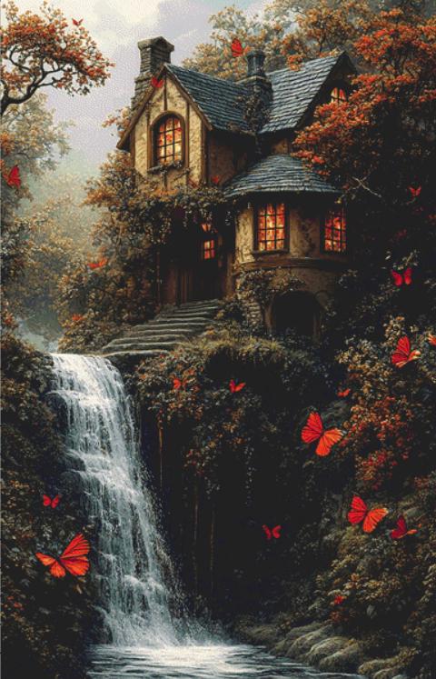 The Waterfall House (Max Size/Color) counted cross stitch pattern by Eder Jose Rosa