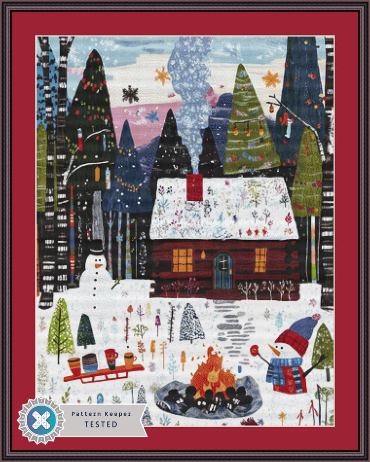 Cozy Hideaway in Winter Woods counted cross stitch pattern by The Art Revivalist