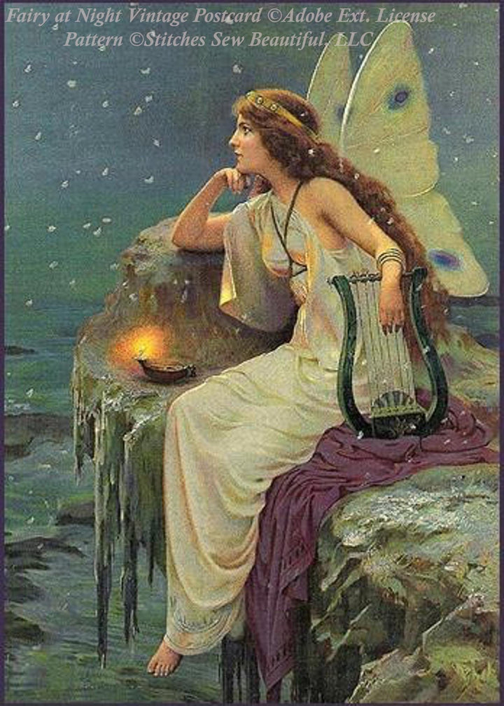 Fairy at Night Vintage Postcard cross stitch pattern by StitchesSewBeautiful
