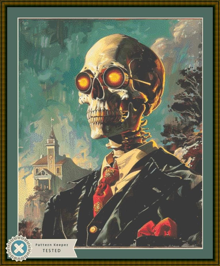 The Eerie Elegant Fiery Eyes Skull Gentleman (Max Color) counted cross stitch pattern by The Art Revivalist
