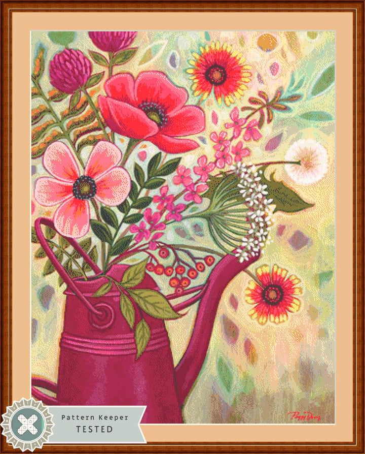 Cottage Floral Watering Can counted cross stitch pattern by Peggy Davis/Porterfields Fine Art Licensing