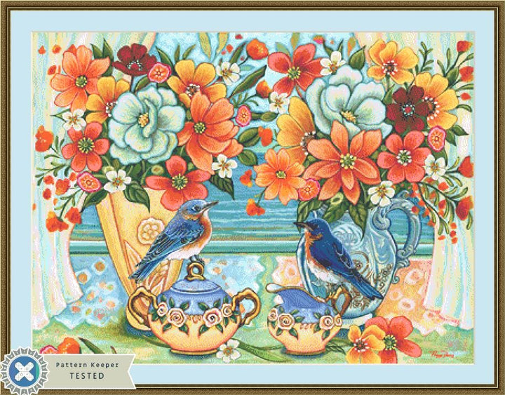 Beachside Blue Birds counted cross stitch pattern by Peggy Davis/Porterfields Fine Art Licensing