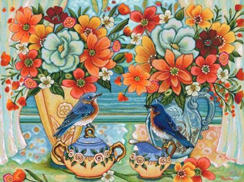 Beachside Blue Birds counted cross stitch pattern by Peggy Davis/Porterfields Fine Art Licensing