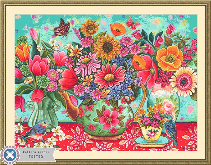 Colorful Garden Finds counted cross stitch pattern by Peggy Davis/Porterfields Fine Art Licensing